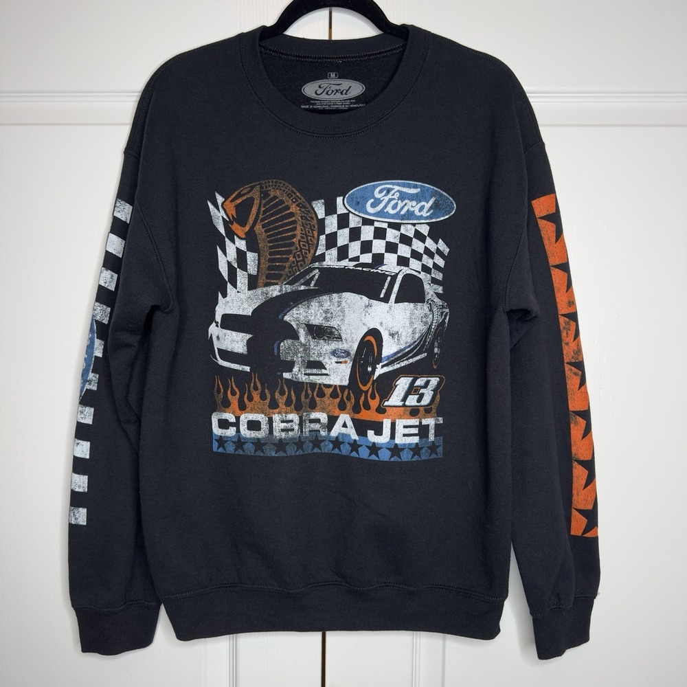 Ford Cobra Jet Sweatshirt Mens Medium Black Graphic Racing Pullover 13 Crewneck